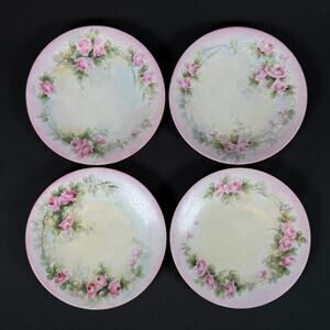 Lot of 4 J.P.L. France Pink Rose flowers Porcelain Plates Vintage 6.5"